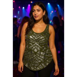 Express Tank Top SZ S Olive Green Sequin Front Retro Glam Y2K Clubwear Glittery